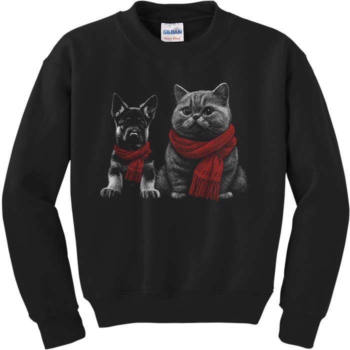 Dog And Cat Wearing Red Scarves Realistic Kids Sweatshirt