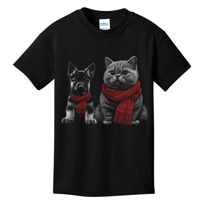 Dog And Cat Wearing Red Scarves Realistic Kids T-Shirt