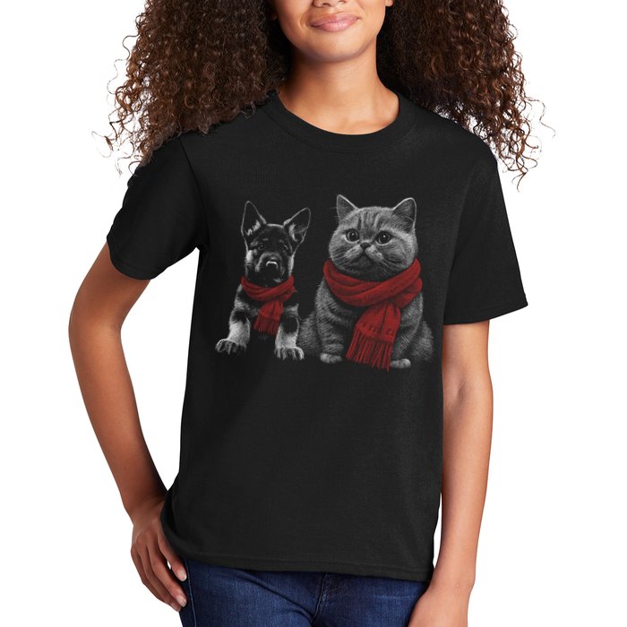Dog And Cat Wearing Red Scarves Realistic Kids T-Shirt