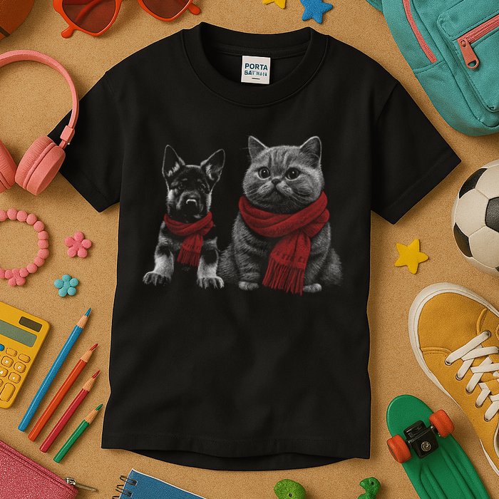 Dog And Cat Wearing Red Scarves Realistic Kids T-Shirt