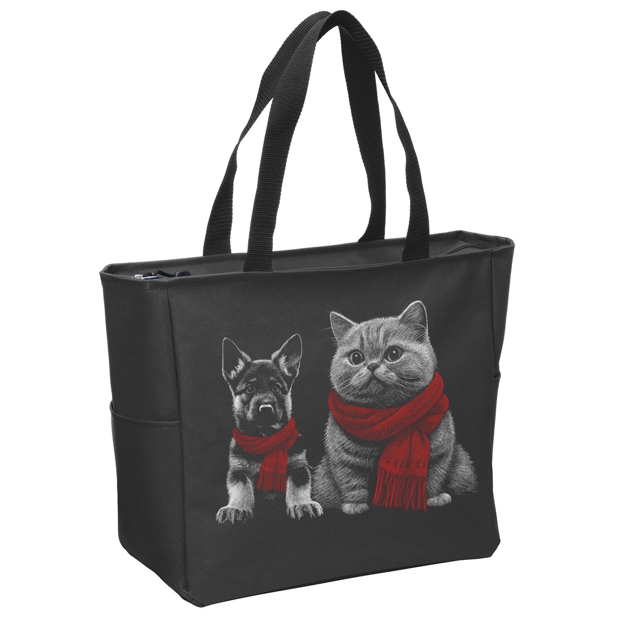 Dog And Cat Wearing Red Scarves Realistic Zip Tote Bag