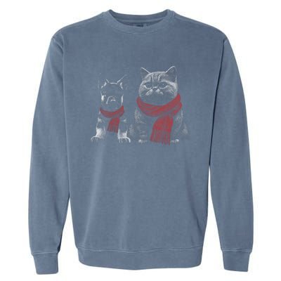 Dog And Cat Wearing Red Scarves Realistic Garment-Dyed Sweatshirt