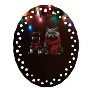 Dog And Cat Wearing Red Scarves Realistic Ceramic Oval Ornament