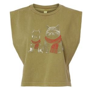 Dog And Cat Wearing Red Scarves Realistic Garment-Dyed Women's Muscle Tee