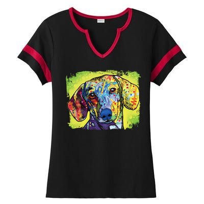 Dachshund Rainbow Dog Face Ladies Halftime Notch Neck Tee