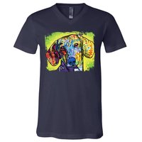 Dachshund Rainbow Dog Face V-Neck T-Shirt