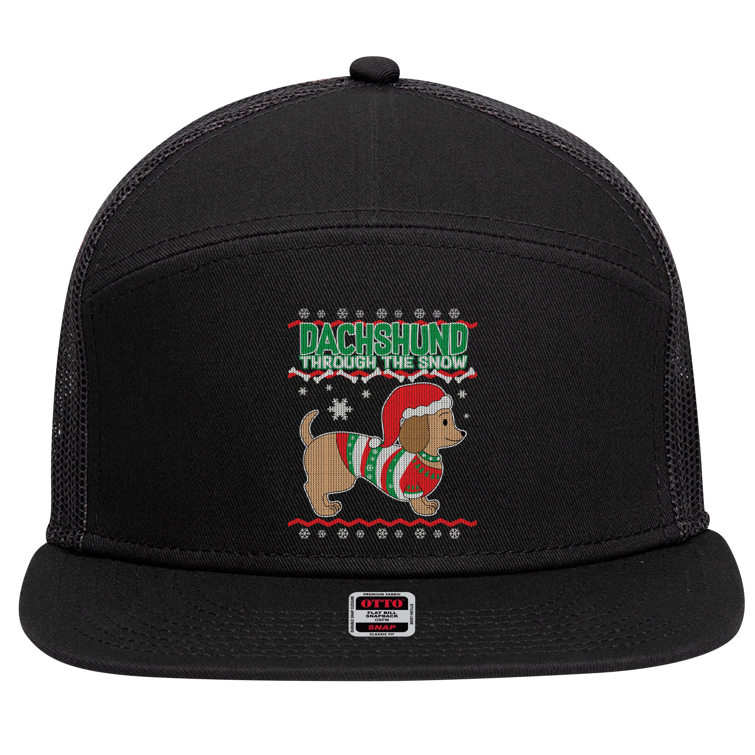 Dachshund Through The Snow Ugly Christmas 7 Panel Mesh Trucker Snapback Hat