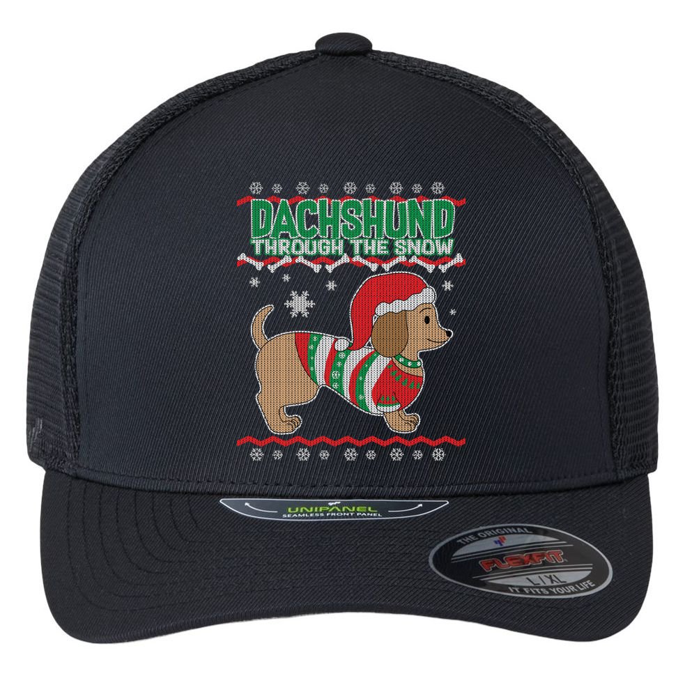 Dachshund Through The Snow Ugly Christmas Flexfit Unipanel Trucker Cap