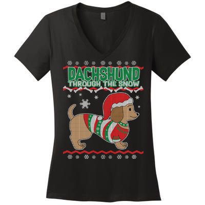 Dachshund Through The Snow Ugly Christmas Women's V-Neck T-Shirt