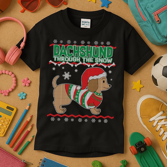 Dachshund Through The Snow Ugly Christmas Kids T-Shirt