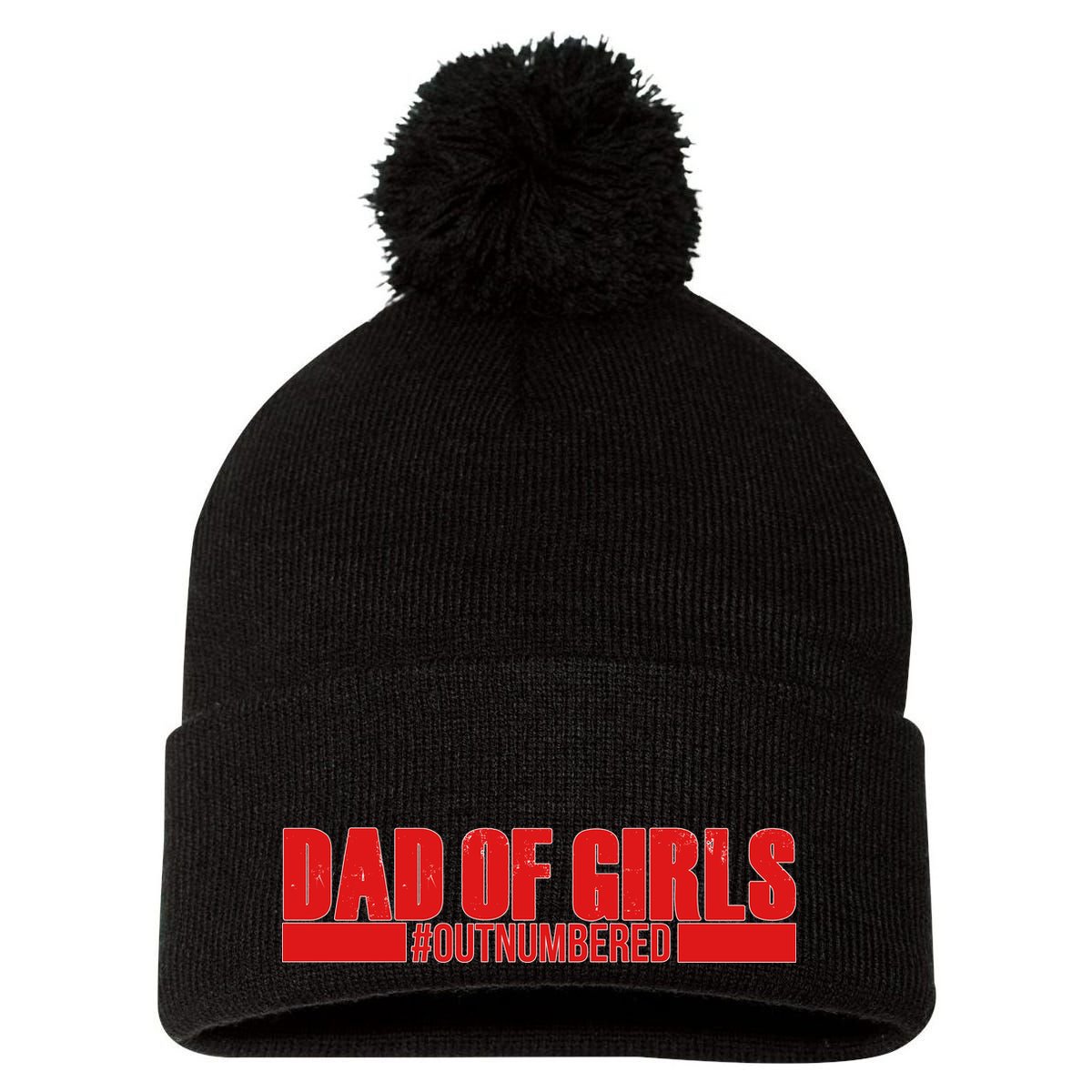 Dad of Girls Out Numbered Red Imprint Pom Pom 12in Knit Beanie
