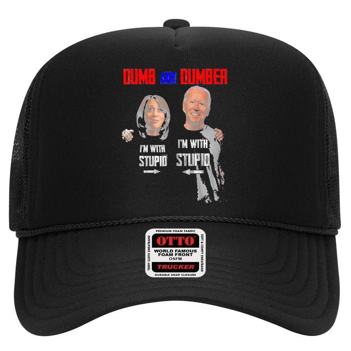 Dumb And Dumber Haris and Biden Vote For Trump 2024 High Crown Mesh Back Trucker Hat