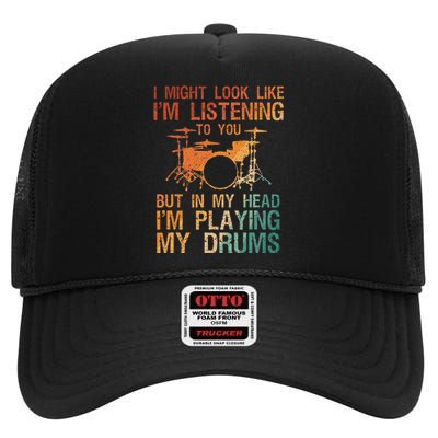 Drummer Art Drum Player Percussion Lover High Crown Mesh Back Trucker Hat