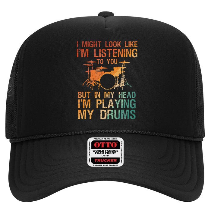 Drummer Art Drum Player Percussion Lover High Crown Mesh Back Trucker Hat