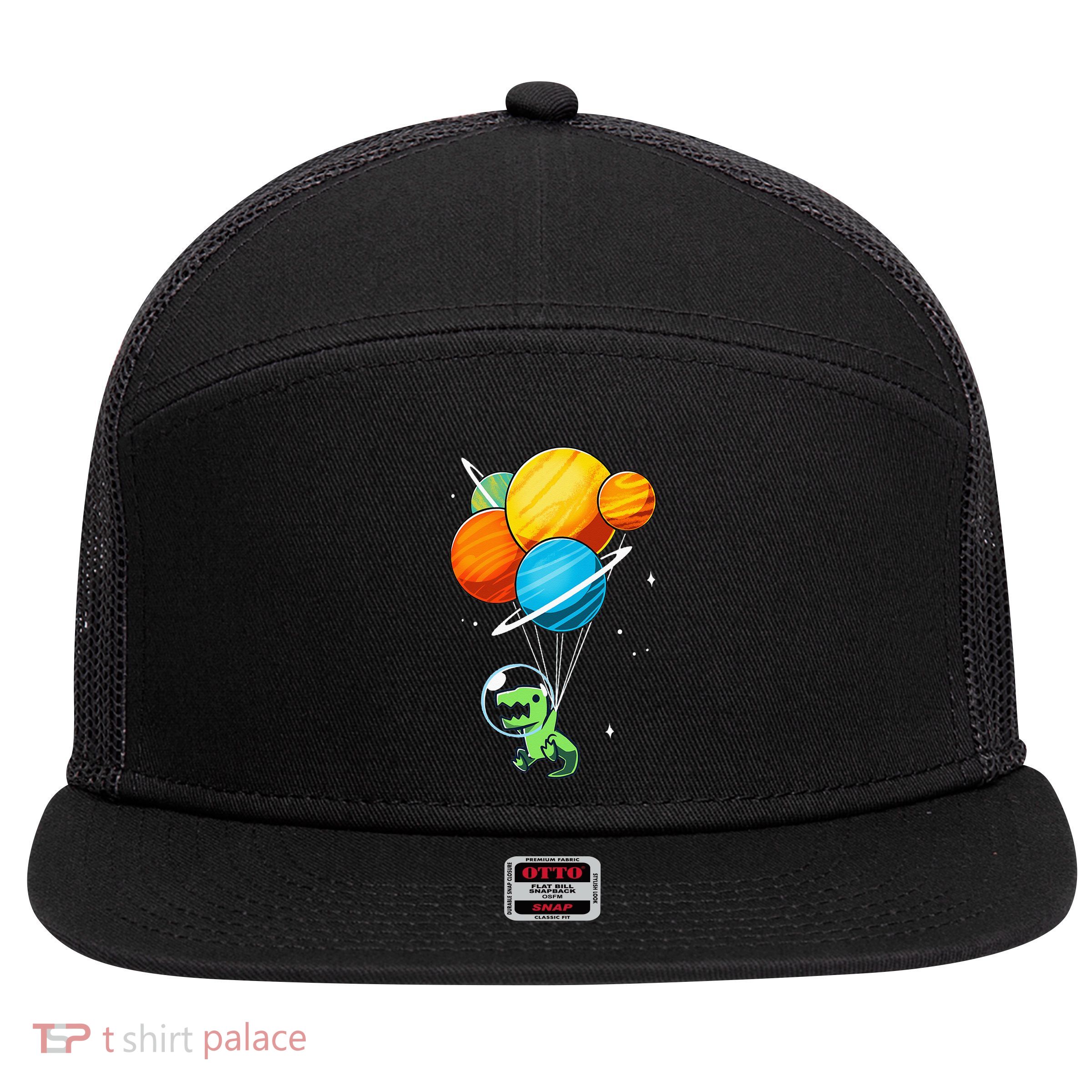 Dino Astronaut Dinosaur in Space Holding Planet Balloons 7 Panel Mesh Trucker Snapback Hat