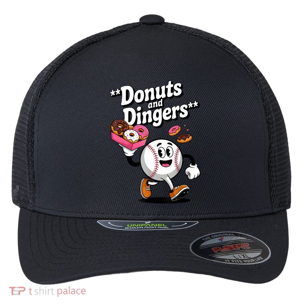 Donuts And Dingers Baseball Fan Humor Donut  Flexfit Unipanel Trucker Cap