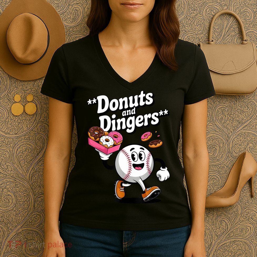 Donuts And Dingers Baseball Fan Humor Donut  Women's V-Neck T-Shirt