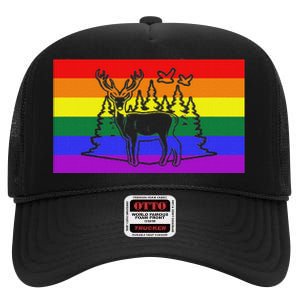 Deer And Duck Hunting Queer Lgbtq Rainbow G.A.Y Pride Flag High Crown Mesh Back Trucker Hat