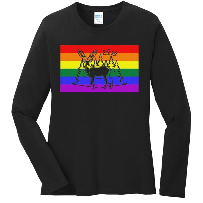 Deer And Duck Hunting Queer Lgbtq Rainbow G.A.Y Pride Flag Ladies Long Sleeve Shirt