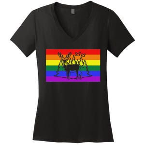 Deer And Duck Hunting Queer Lgbtq Rainbow G.A.Y Pride Flag Women's V-Neck T-Shirt