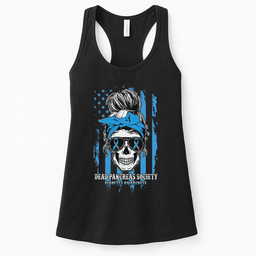 Diabetes Awareness Dead Pancreas Society Messy Bun Womens Tank Top