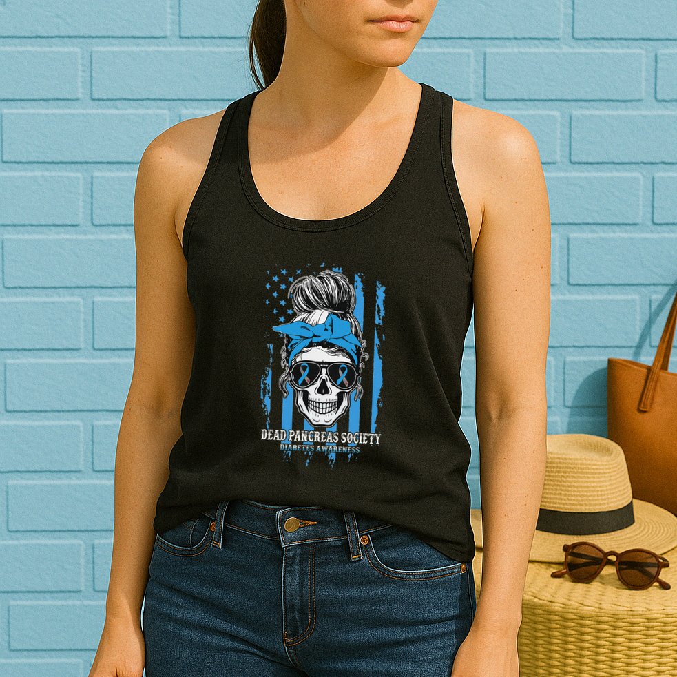 Diabetes Awareness Dead Pancreas Society Messy Bun Womens Tank Top