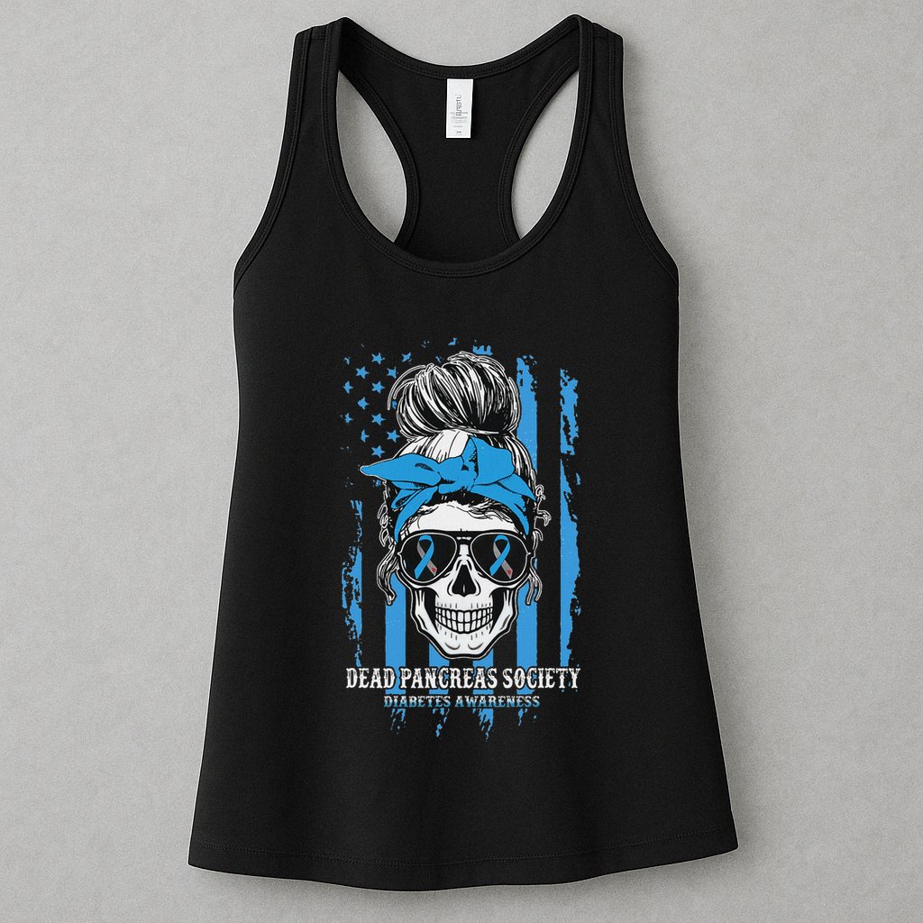 Diabetes Awareness Dead Pancreas Society Messy Bun Womens Tank Top