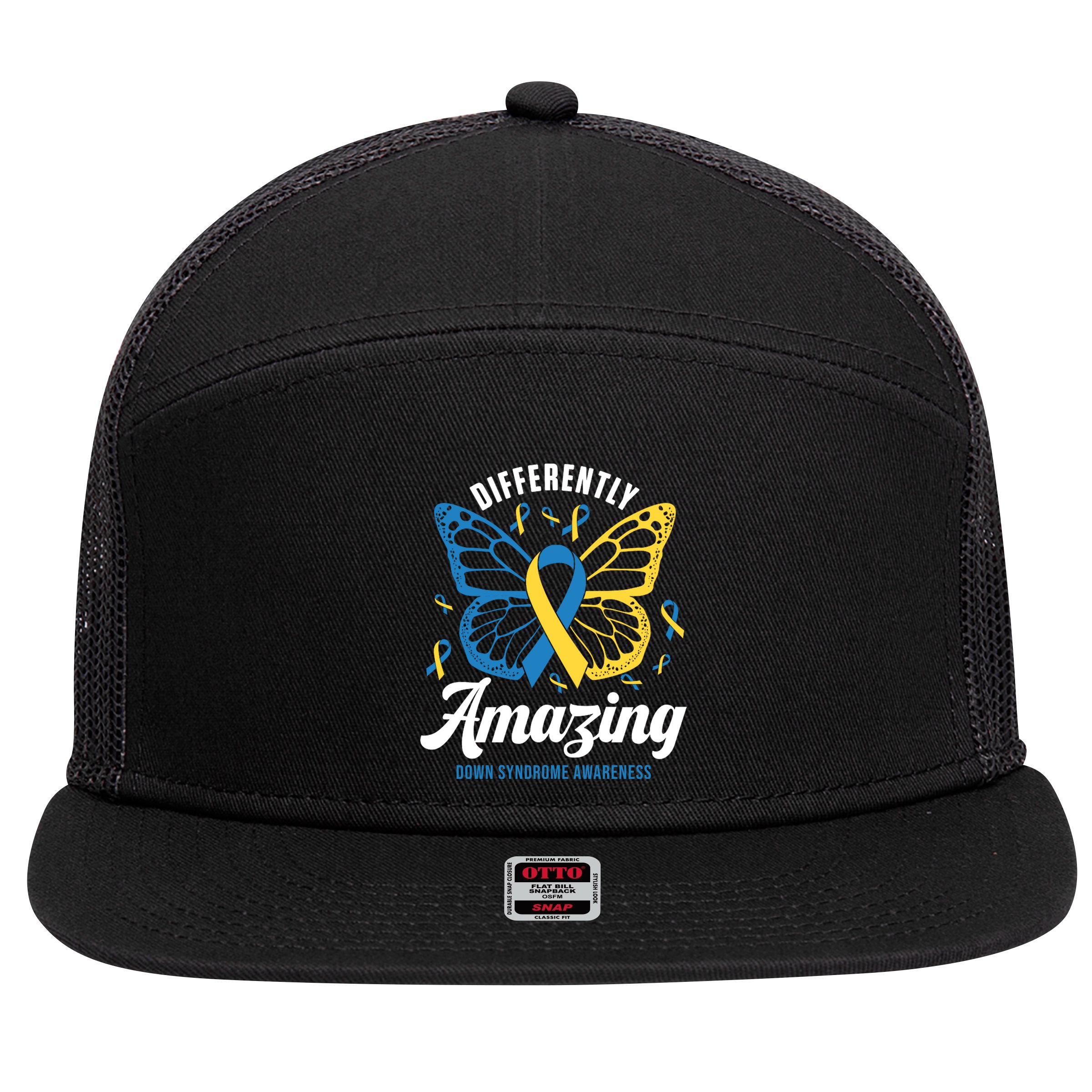 Differently Amazing Down Syndrome Awareness Butterfly Ribbon 7 Panel Mesh Trucker Snapback Hat