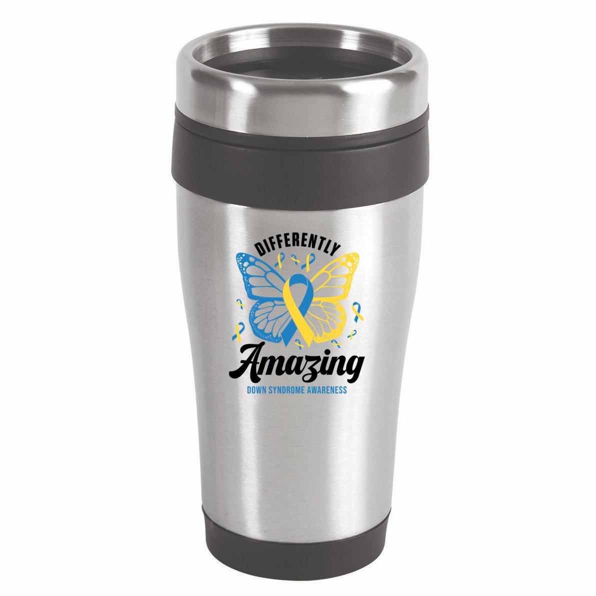 Differently Amazing Down Syndrome Awareness Butterfly Ribbon 16oz Travel Tumbler
