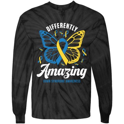 Differently Amazing Down Syndrome Awareness Butterfly Ribbon Tie-Dye Long Sleeve Shirt