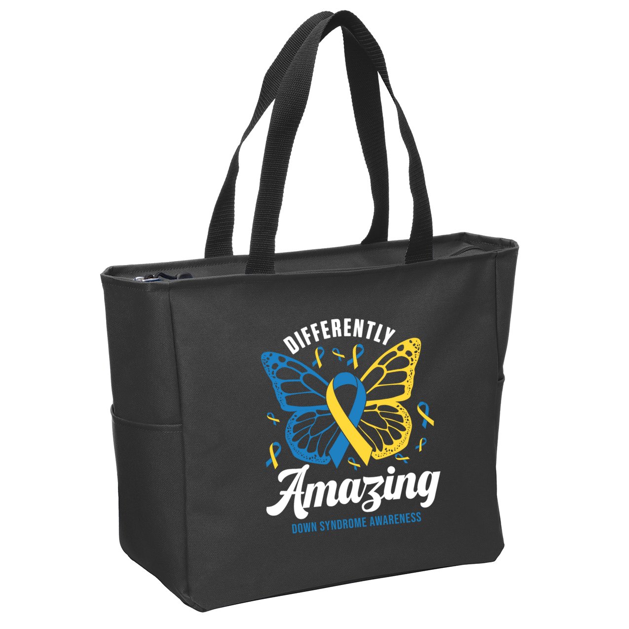 Differently Amazing Down Syndrome Awareness Butterfly Ribbon Zip Tote Bag
