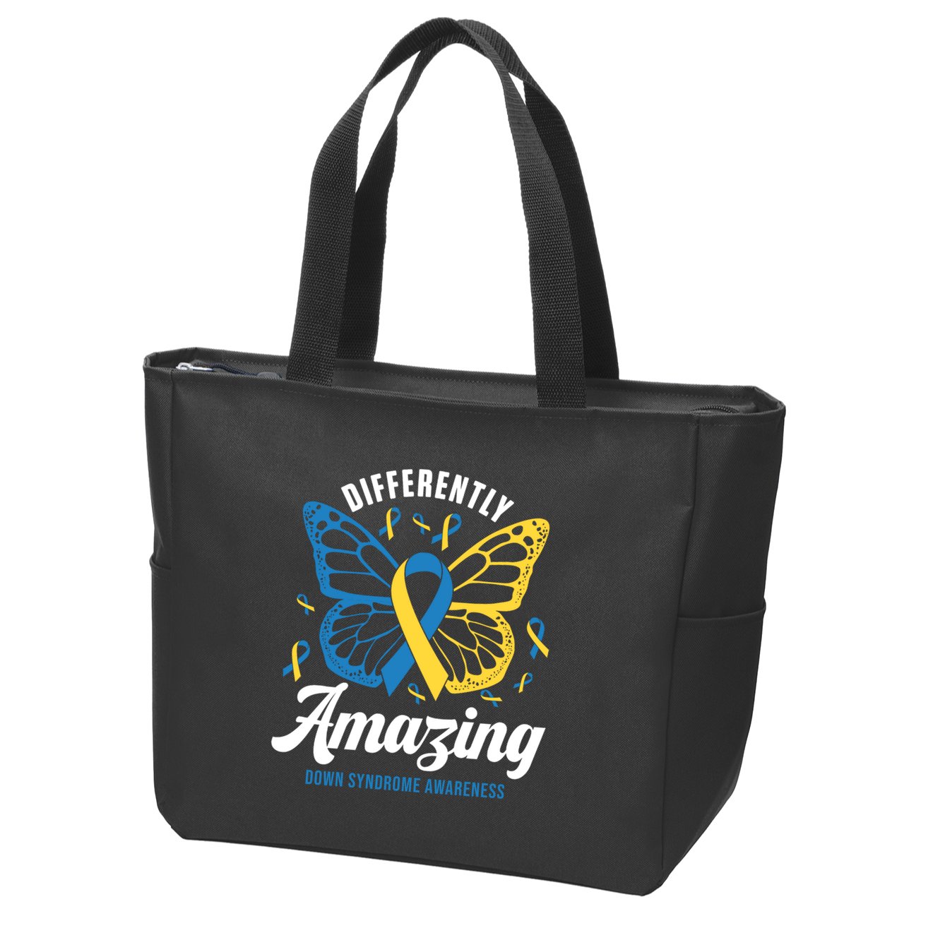 Differently Amazing Down Syndrome Awareness Butterfly Ribbon Zip Tote Bag