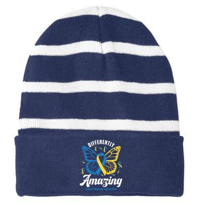 Differently Amazing Down Syndrome Awareness Butterfly Ribbon Striped Beanie with Solid Band