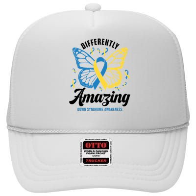 Differently Amazing Down Syndrome Awareness Butterfly Ribbon High Crown Mesh Back Trucker Hat