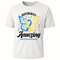Differently Amazing Down Syndrome Awareness Butterfly Ribbon Cooling Performance Crew T-Shirt