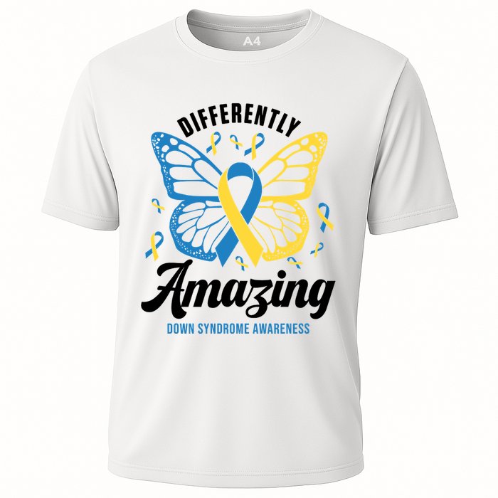 Differently Amazing Down Syndrome Awareness Butterfly Ribbon Cooling Performance Crew T-Shirt