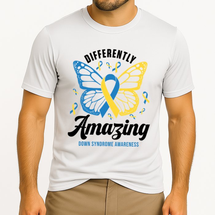 Differently Amazing Down Syndrome Awareness Butterfly Ribbon Cooling Performance Crew T-Shirt