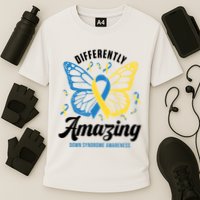 Differently Amazing Down Syndrome Awareness Butterfly Ribbon Cooling Performance Crew T-Shirt