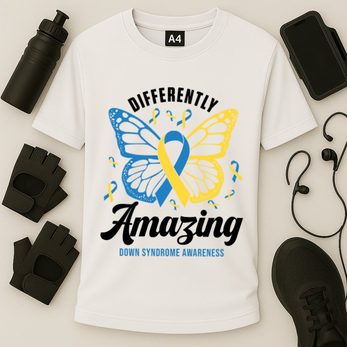Differently Amazing Down Syndrome Awareness Butterfly Ribbon Cooling Performance Crew T-Shirt