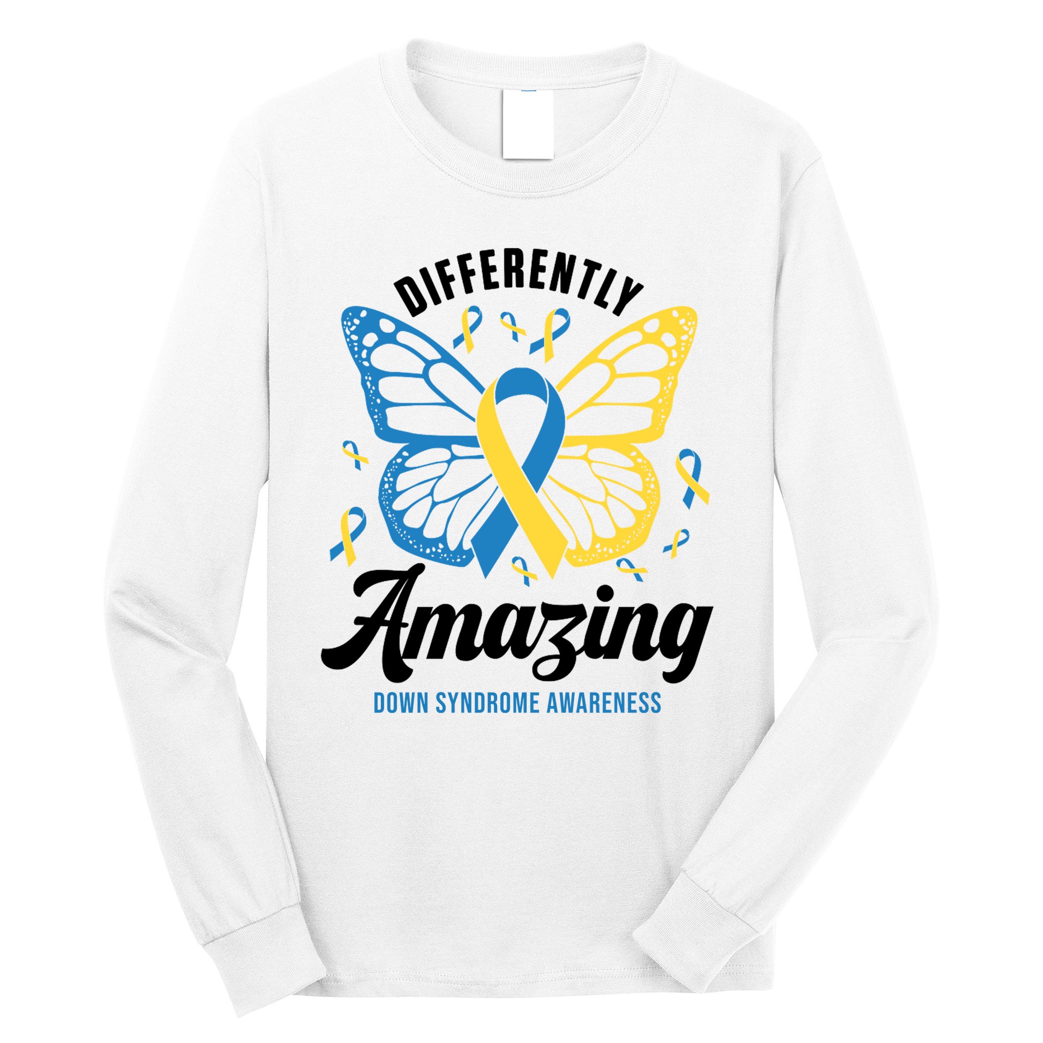 Differently Amazing Down Syndrome Awareness Butterfly Ribbon Long Sleeve Shirt