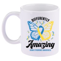 Differently Amazing Down Syndrome Awareness Butterfly Ribbon 11oz C Handle Ceramic Mug