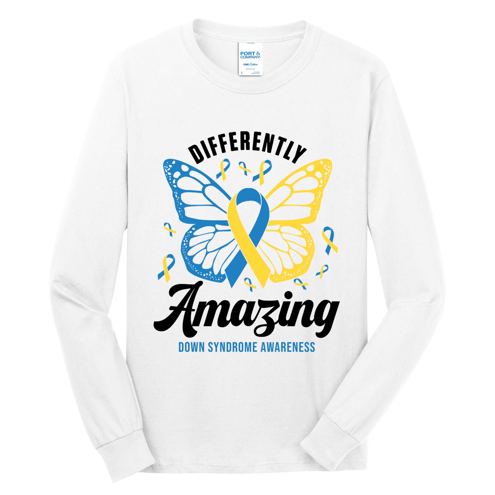 Differently Amazing Down Syndrome Awareness Butterfly Ribbon Tall Long Sleeve T-Shirt