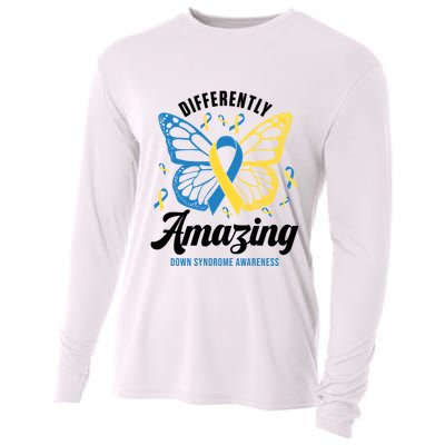 Differently Amazing Down Syndrome Awareness Butterfly Ribbon Cooling Performance Long Sleeve Crew