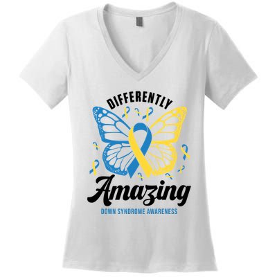 Differently Amazing Down Syndrome Awareness Butterfly Ribbon Women's V-Neck T-Shirt