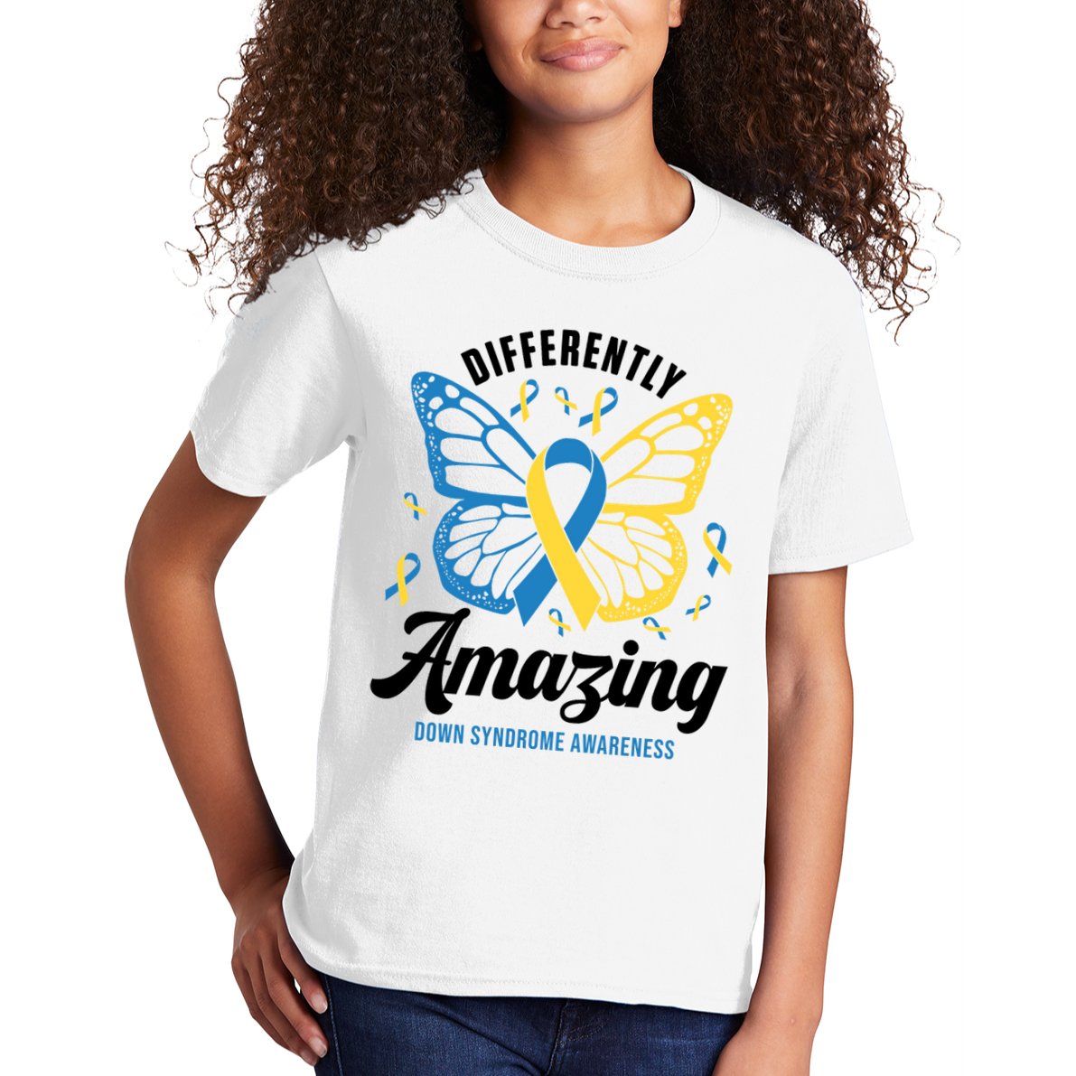 Differently Amazing Down Syndrome Awareness Butterfly Ribbon Kids T-Shirt