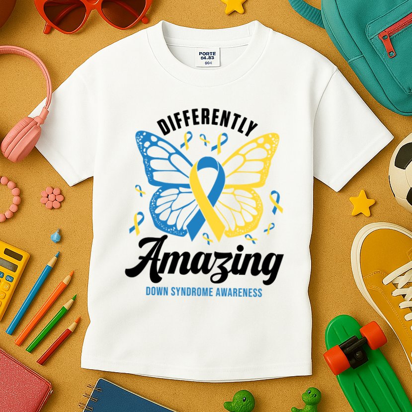 Differently Amazing Down Syndrome Awareness Butterfly Ribbon Kids T-Shirt