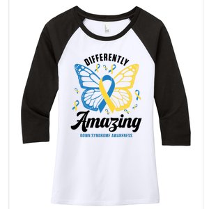 Differently Amazing Down Syndrome Awareness Butterfly Ribbon Women's Tri-Blend 3/4-Sleeve Raglan Shirt