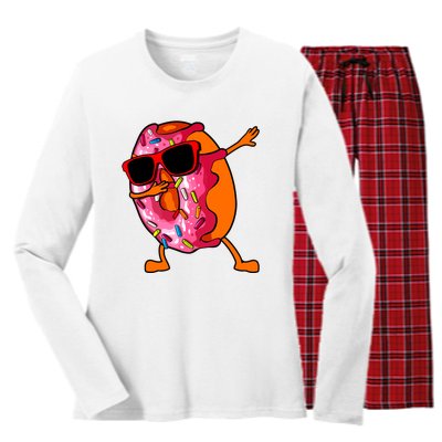 Donut Art For Women Dabbing Doughnut Donut Lover Women's Long Sleeve Flannel Pajama Set 