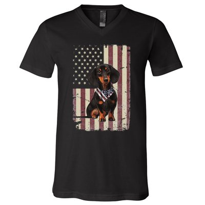 Dachshund American Flag Bandana 4th Of July Gifts V-Neck T-Shirt