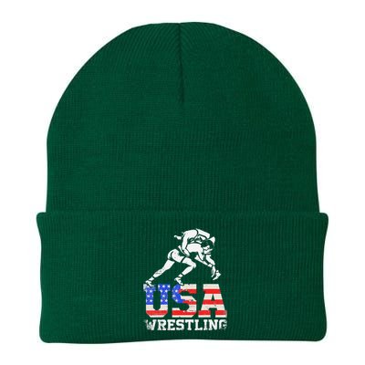 Distressed American Flag USA Wrestling Wrestler Wrestle  Knit Cap Winter Beanie